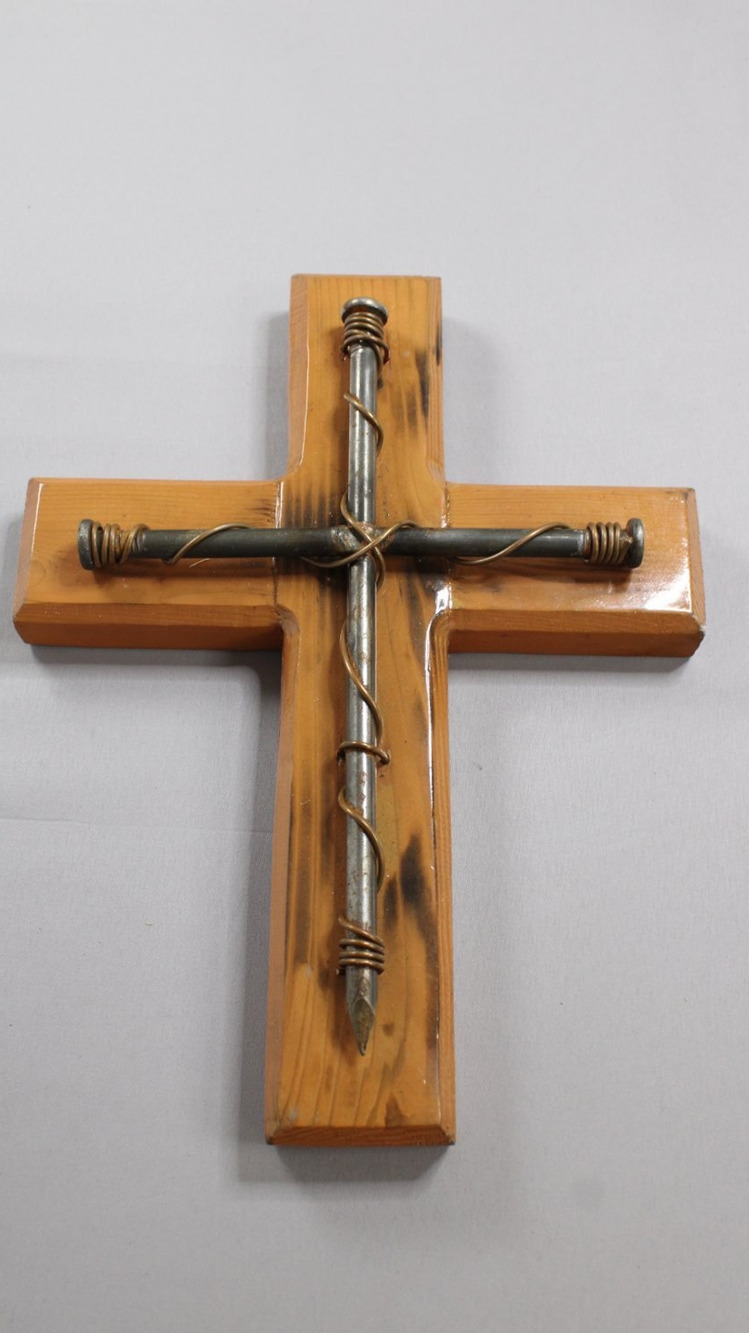 Rustic Wood Wall Cross Metal Spike Nails Wire Wrapped Handmade Religious Brown